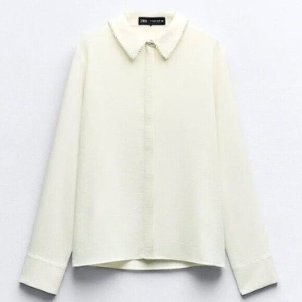 Zara Pearl Lapel Crepe Blouse Ivory Elegant Preppy NWT Long Sleeve L